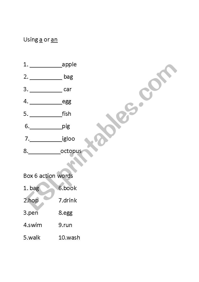 Using A and An worksheet