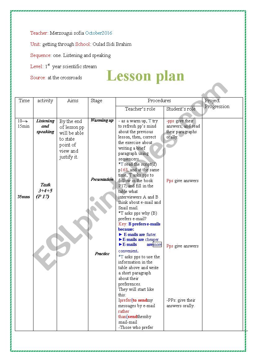 1st year lesson plan  worksheet