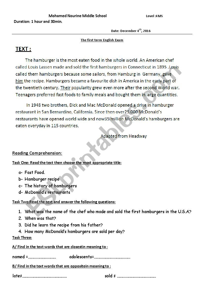 Hamburgers history worksheet