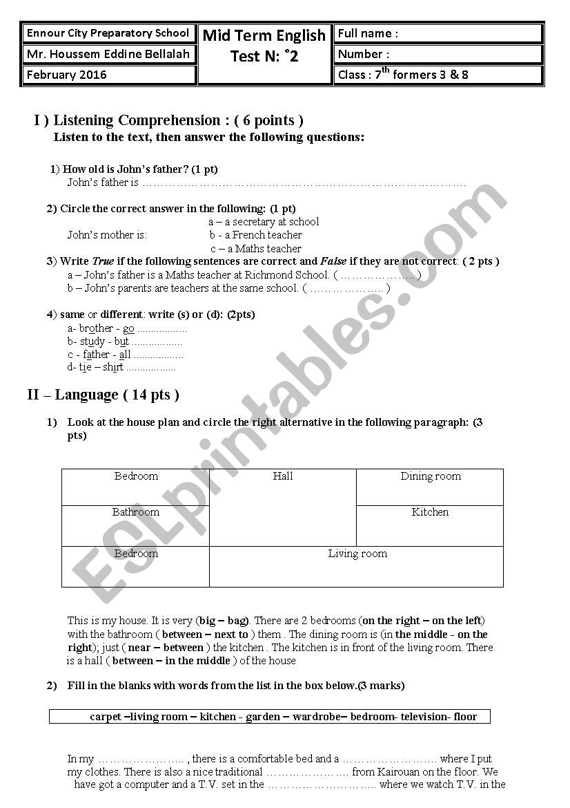 7th form mid term test 2 worksheet