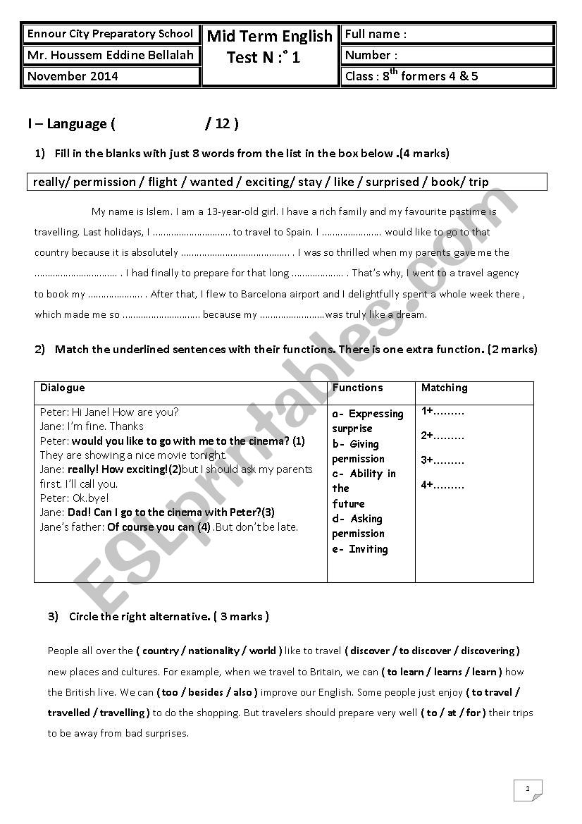 8th form mid term ( mid semester ) test 1