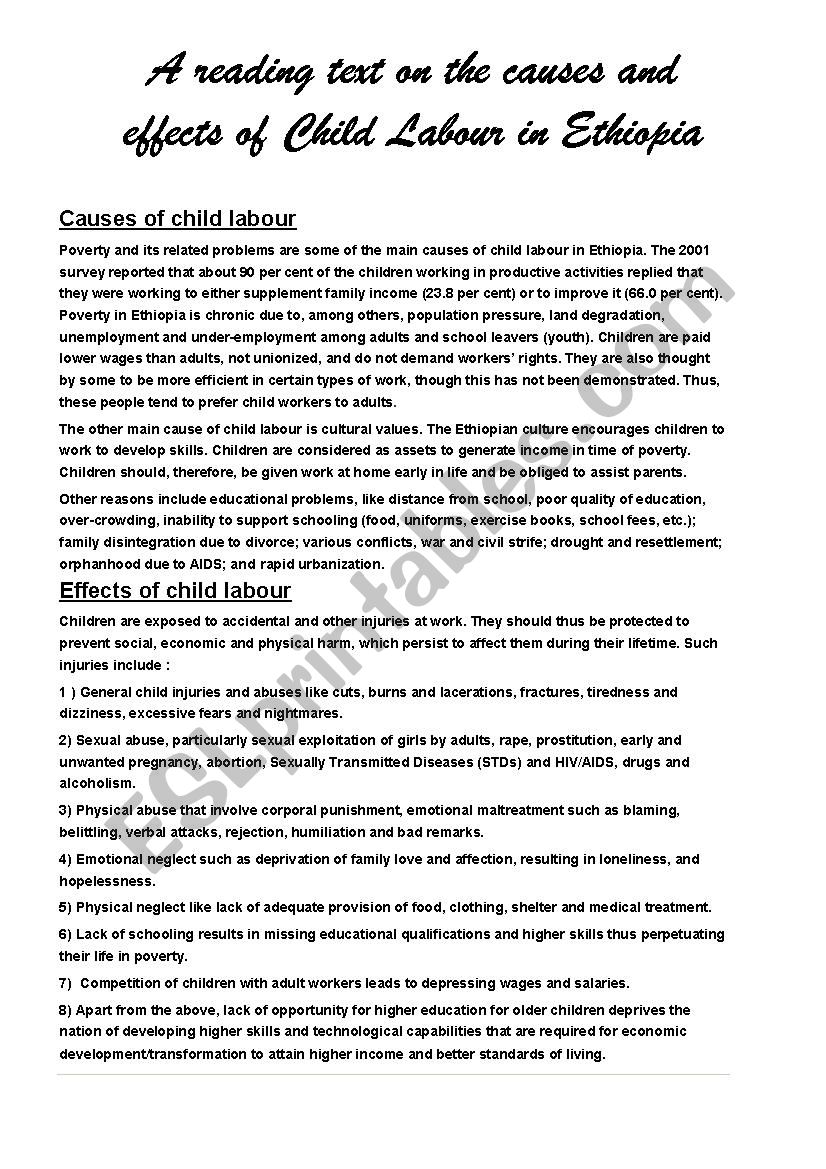 Reading on the causes & effects of child labour in Ethiopia