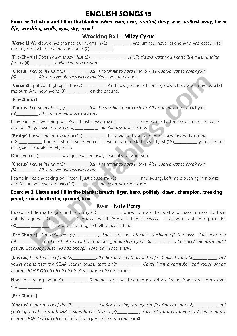 Listen to English songs worksheet