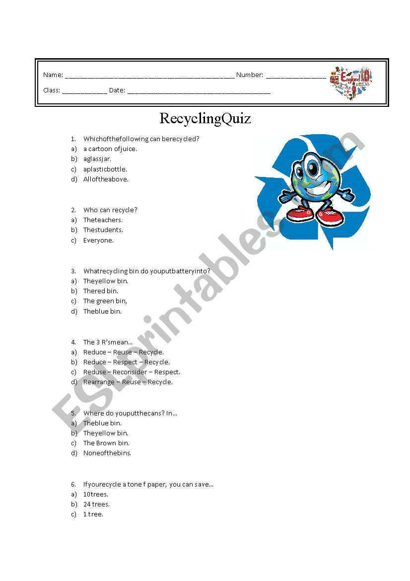 Recycling Quiz worksheet