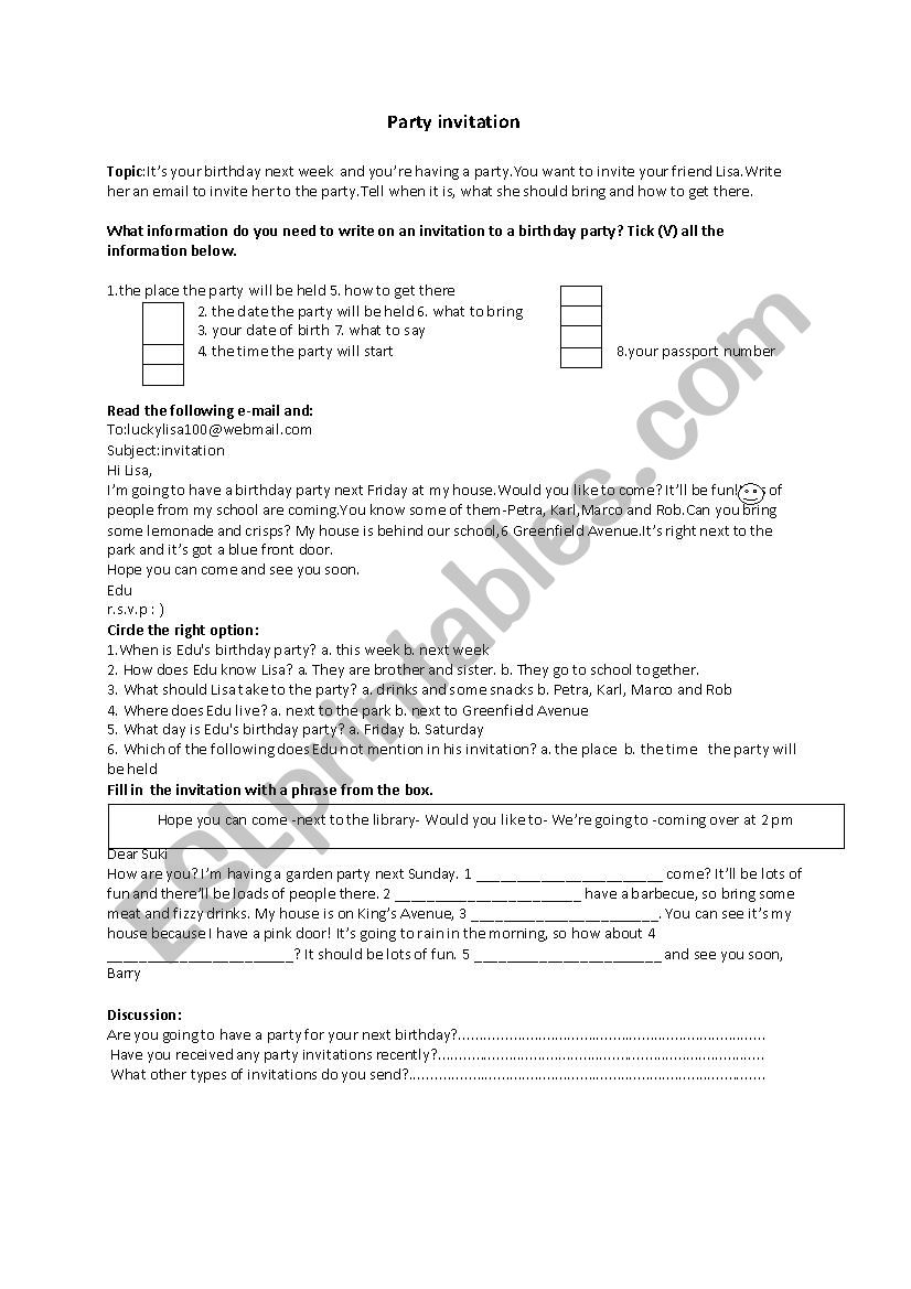 party invitation worksheet