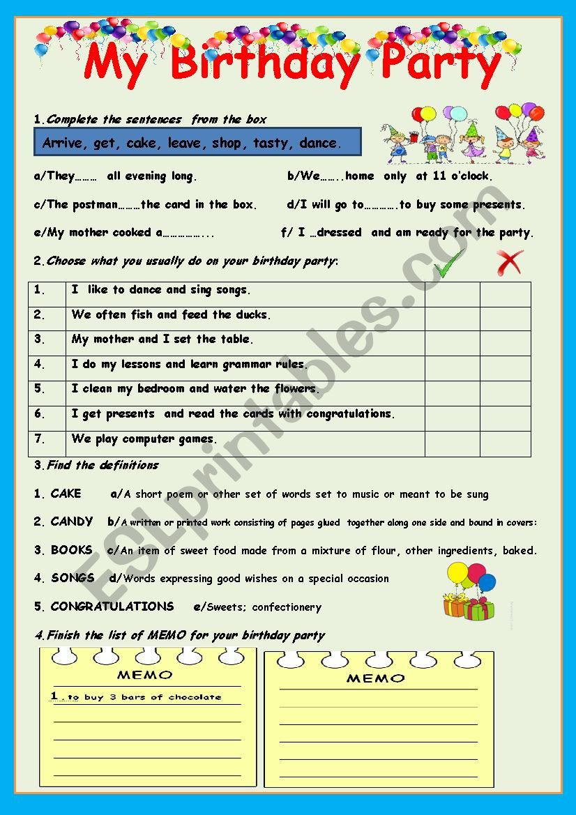 My Birthday Party - 2 PAGES! worksheet