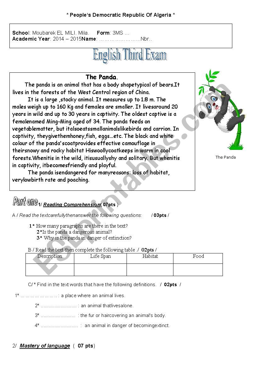 the panda worksheet