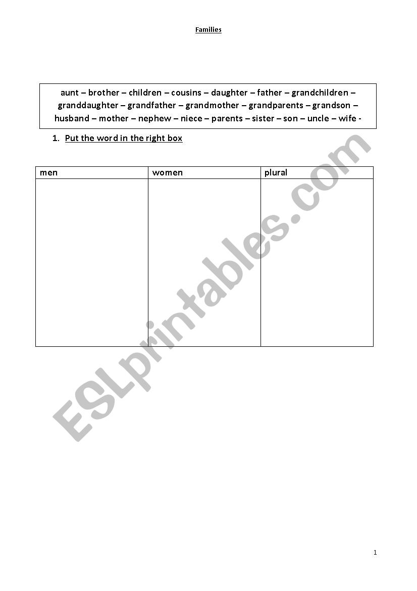 family vocabulary worksheet