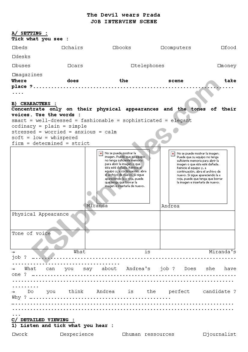 The Devil wears Prada - job interview worksheet