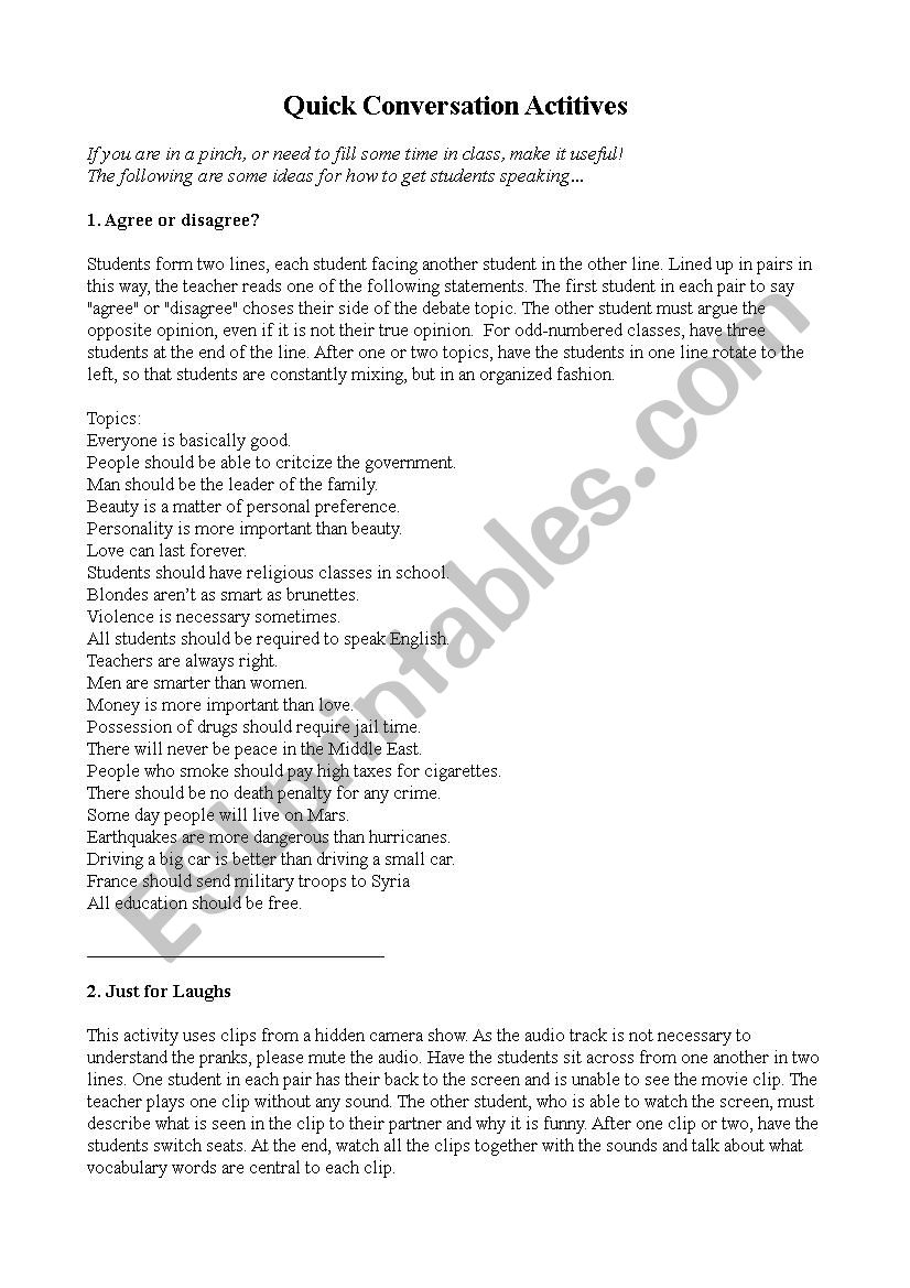 Quick Conversation Activites worksheet