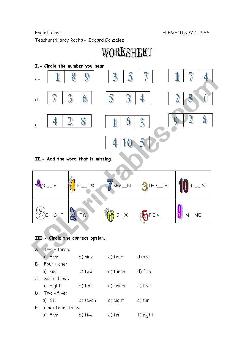 Numbers worksheet