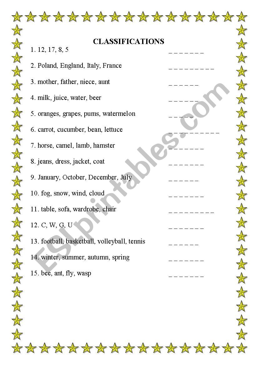 Classifications worksheet