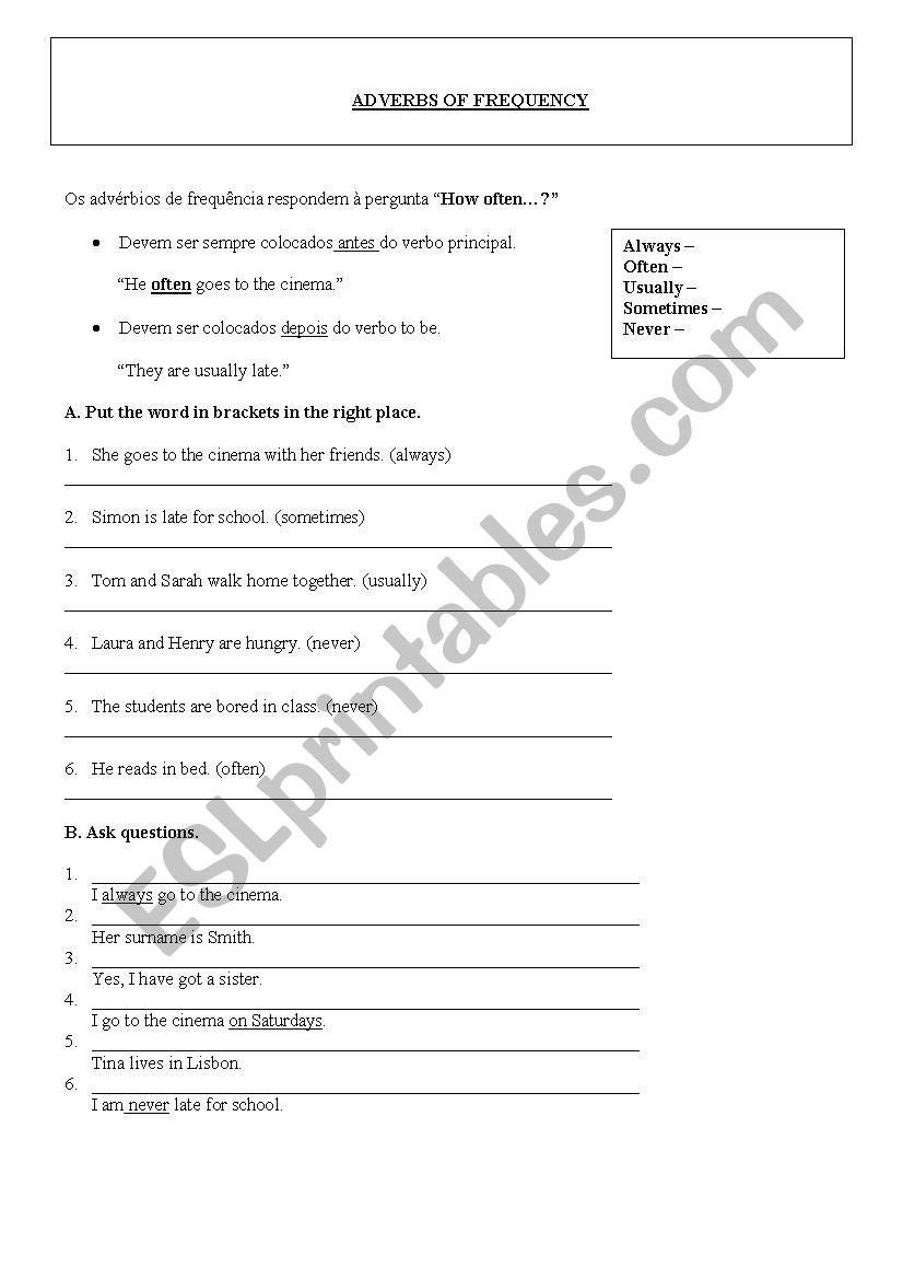 Adverbs of frequency worksheet