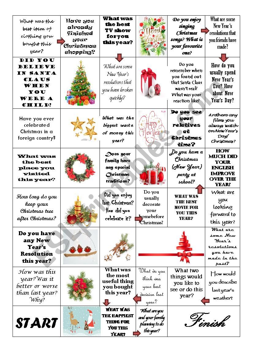 board game New Year Christmas worksheet