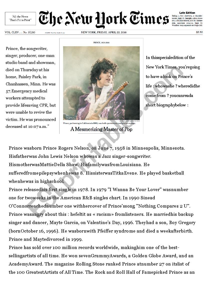 reading comprehension simple past - prince 