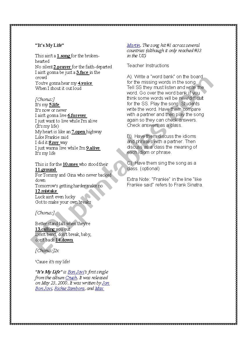 It S My Life Present Simple Esl Worksheet By Mlesucevic