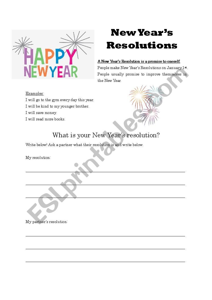 New Years Resolutions worksheet