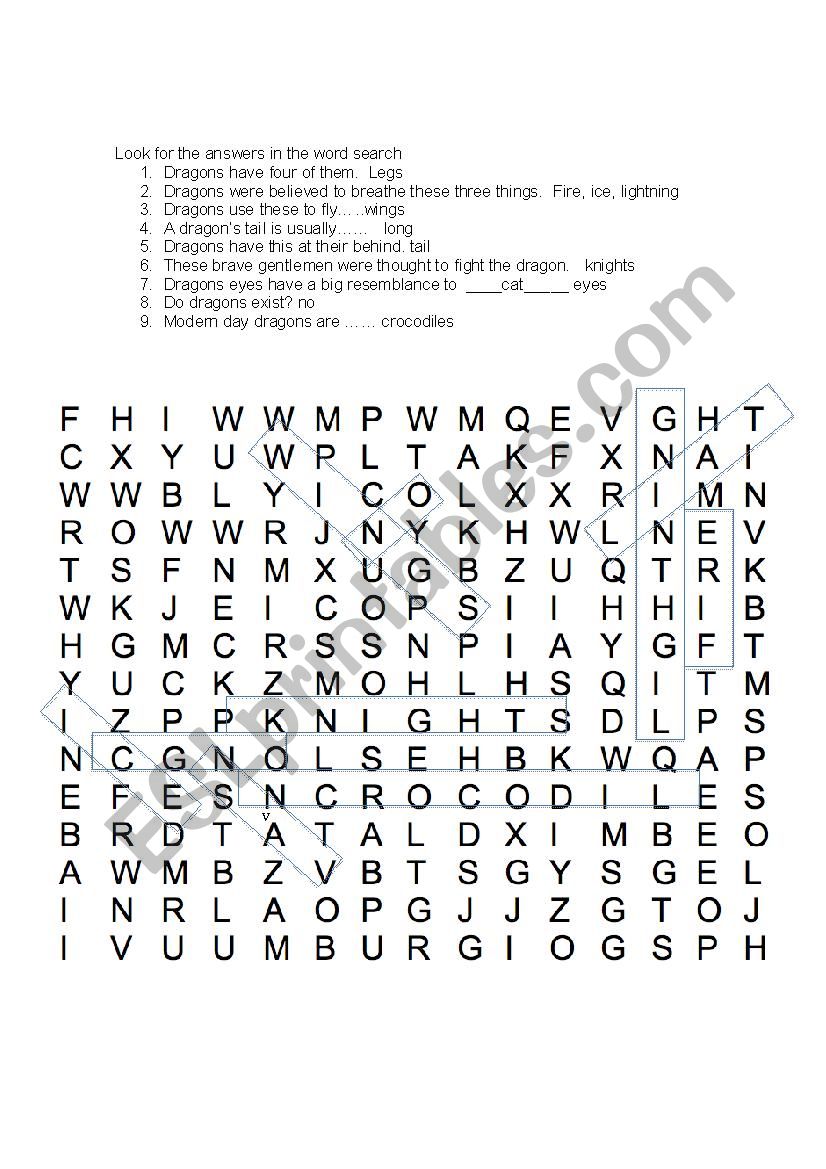 Dragon Word search worksheet