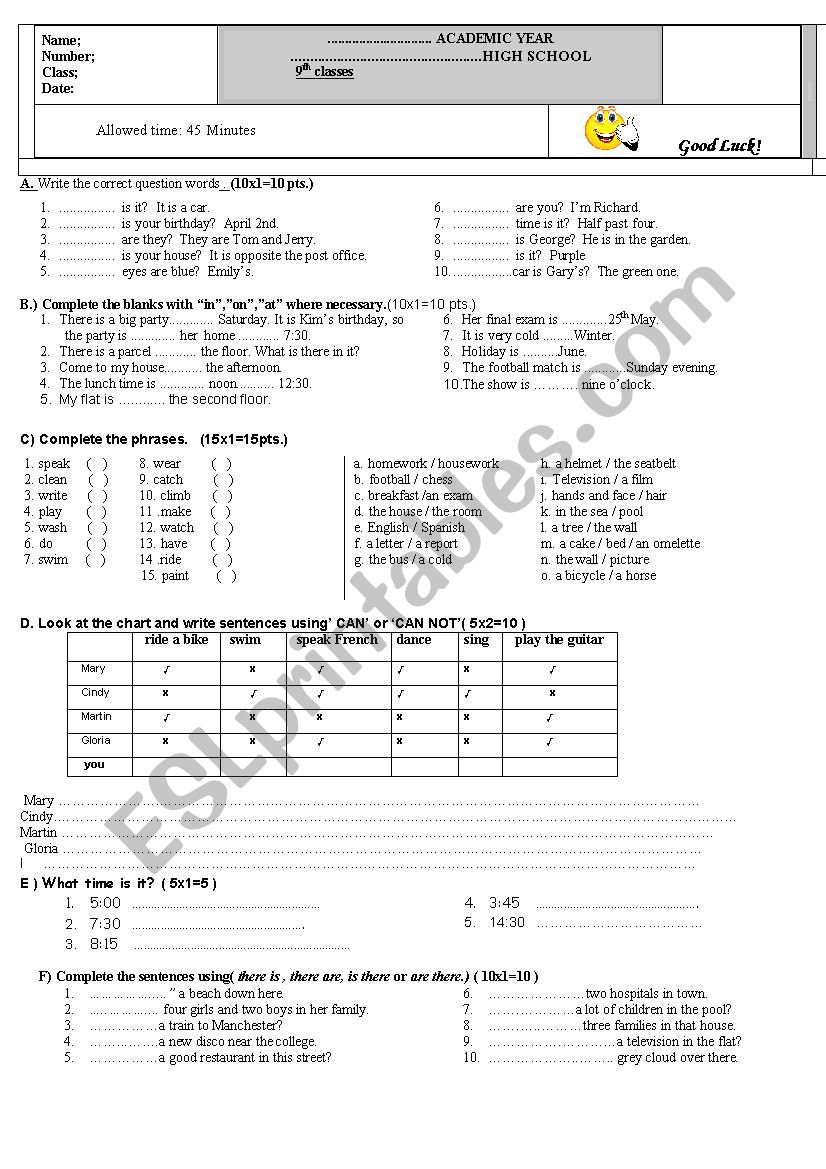 exam worksheet