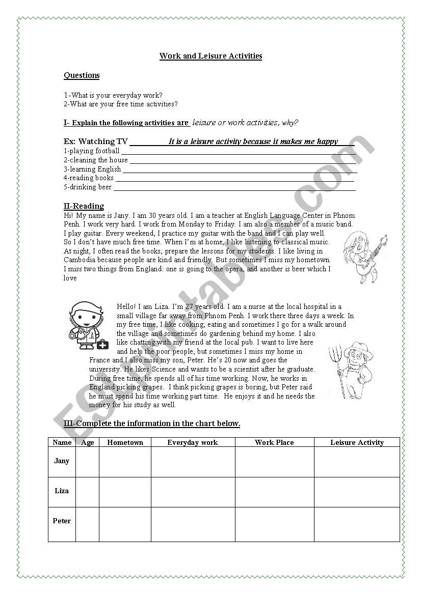 work and leisure activities worksheet