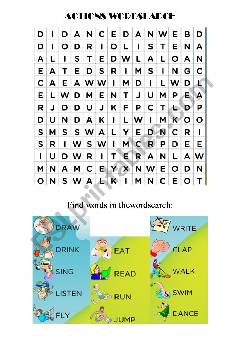 Actions wordsearch worksheet