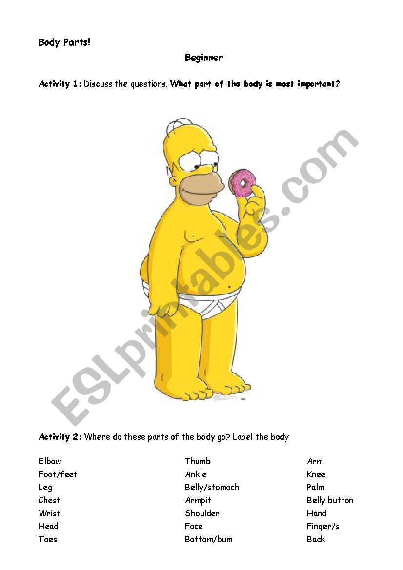 Homers Body Parts worksheet