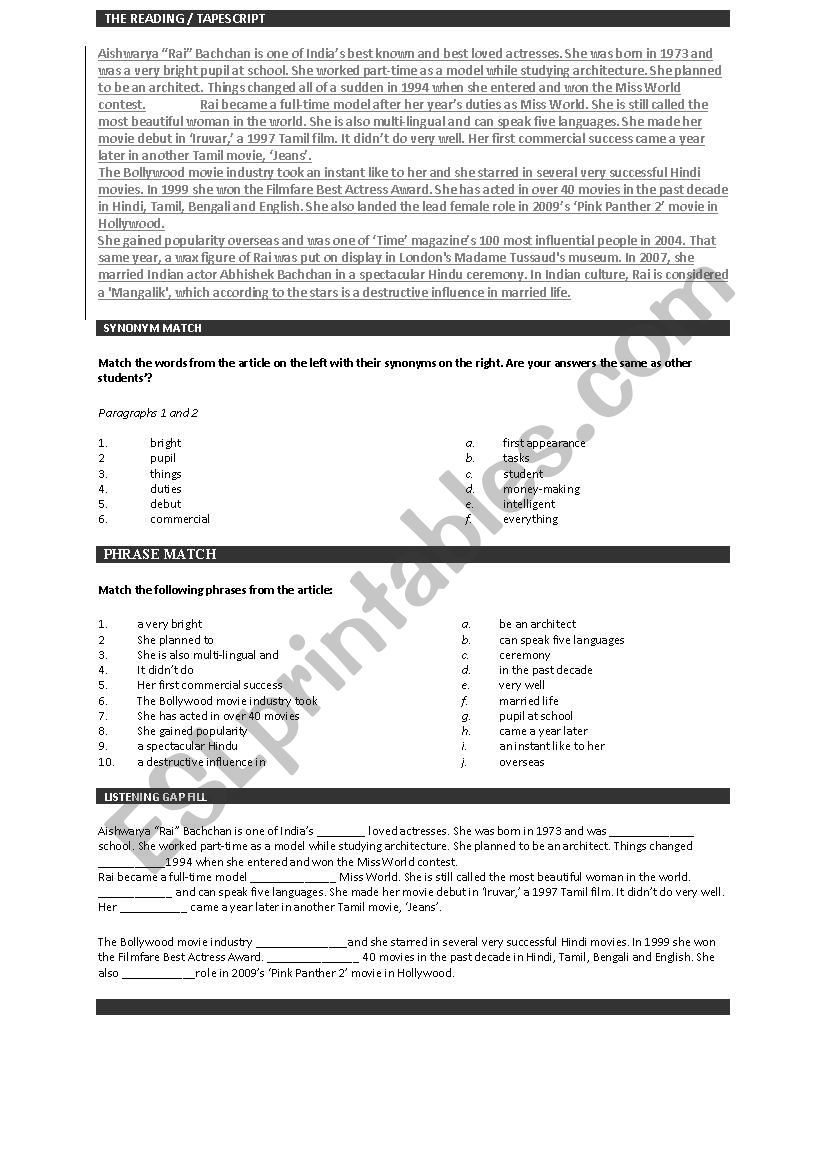 Ashwarya Rai  worksheet