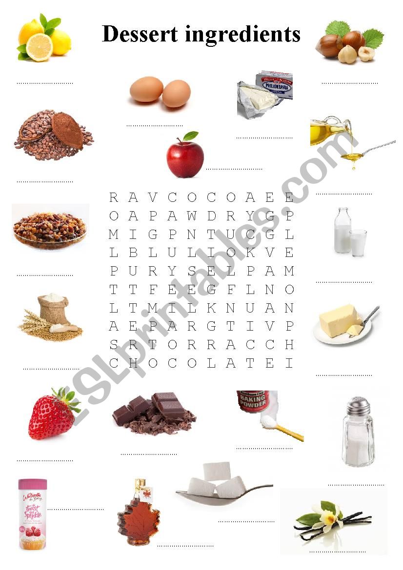 Dessert food ingredients worksheet