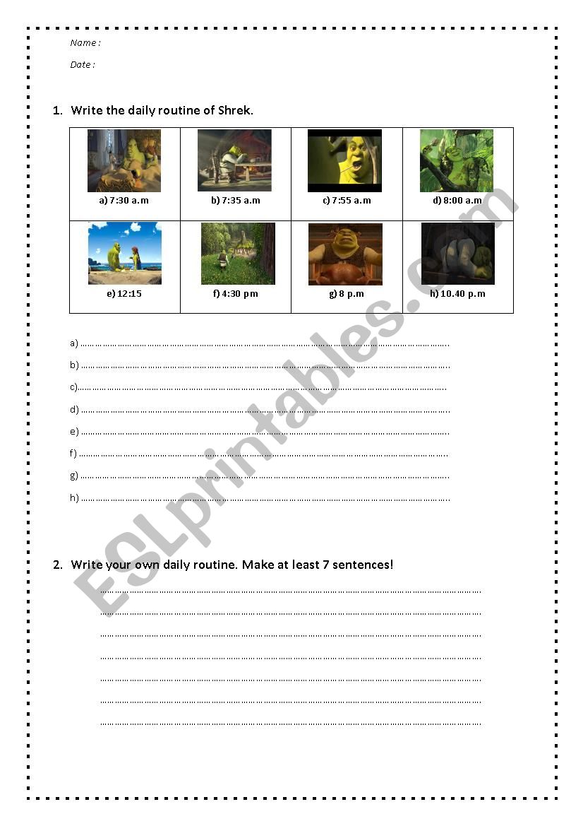 Test daily routine shrek worksheet