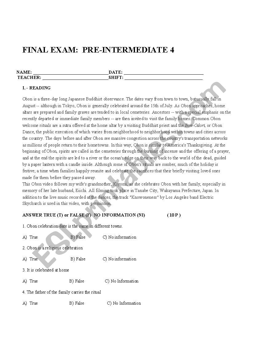 FINAL EXAM worksheet