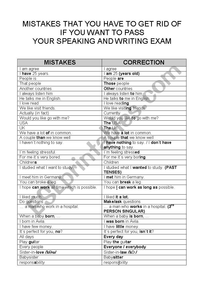 Mistakes to correct worksheet