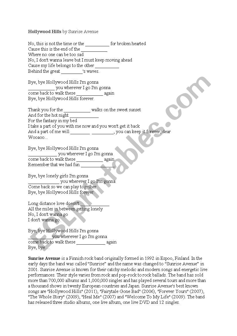 Hollywood Hills worksheet