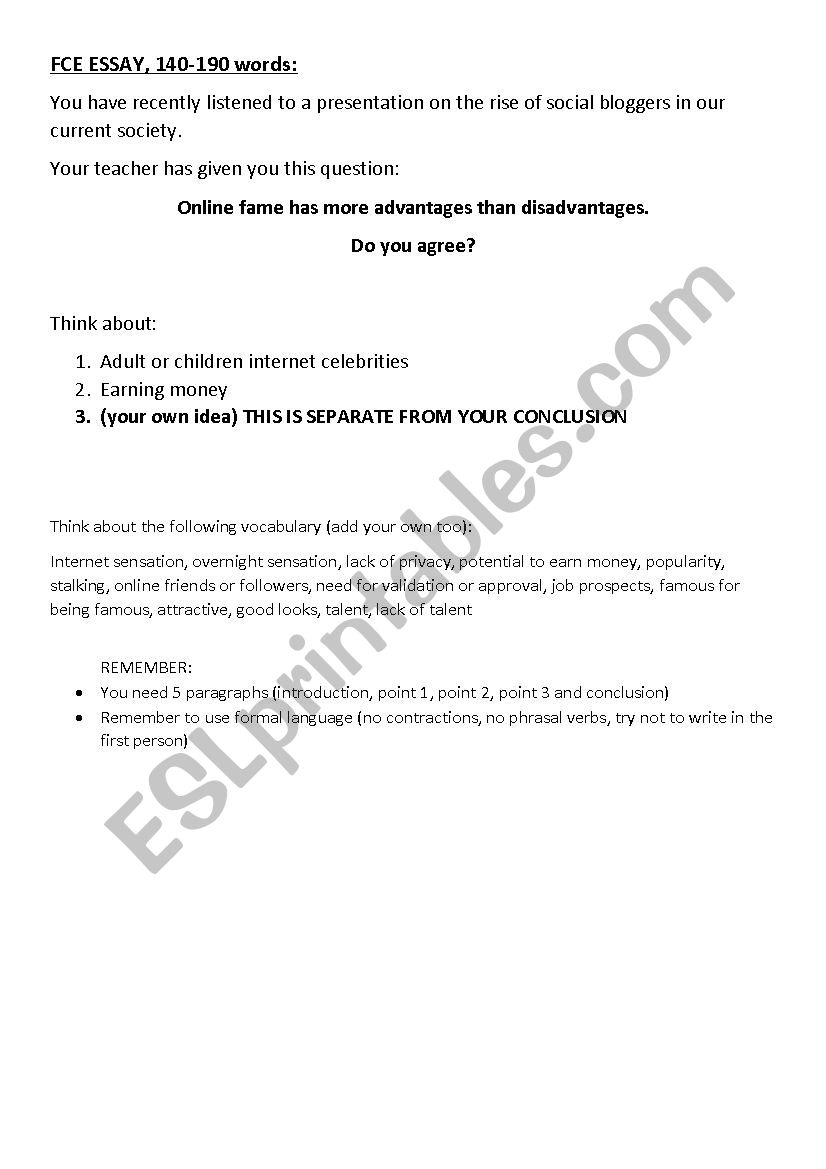 FCE Essay on Fame worksheet