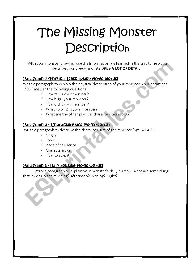 Missing Monster Drawing worksheet