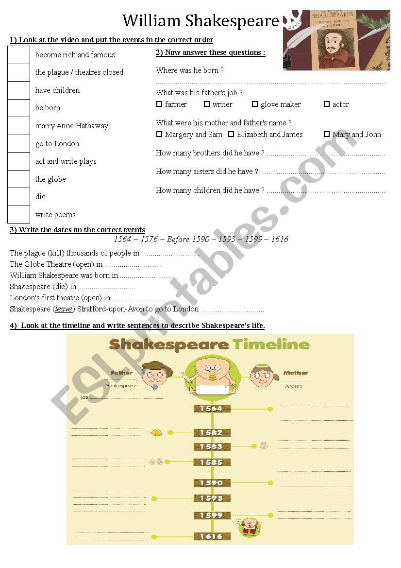 ShakespeareÂ´s life worksheet