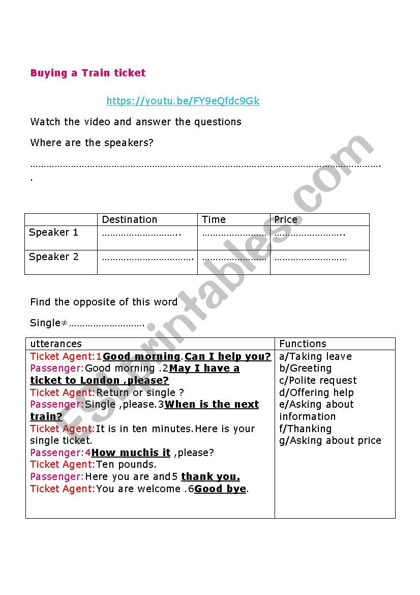 Buying a train ticket worksheet