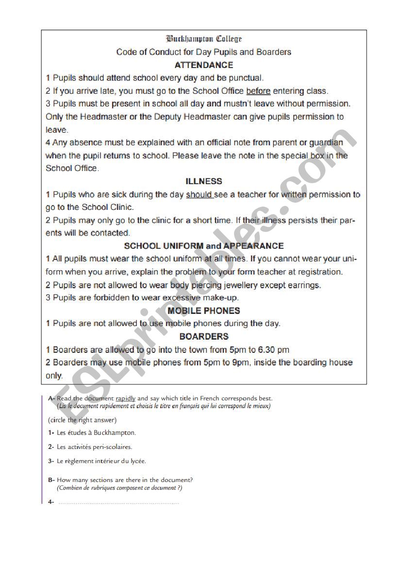 school rules worksheet