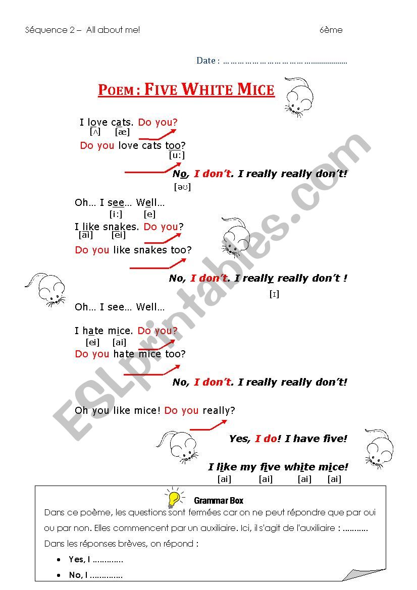 Five White Mice worksheet