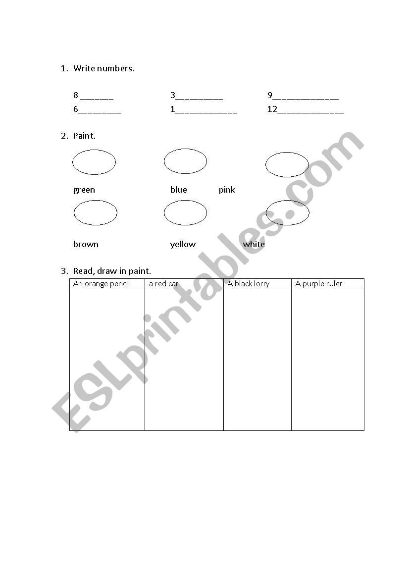 colours and numbers worksheet