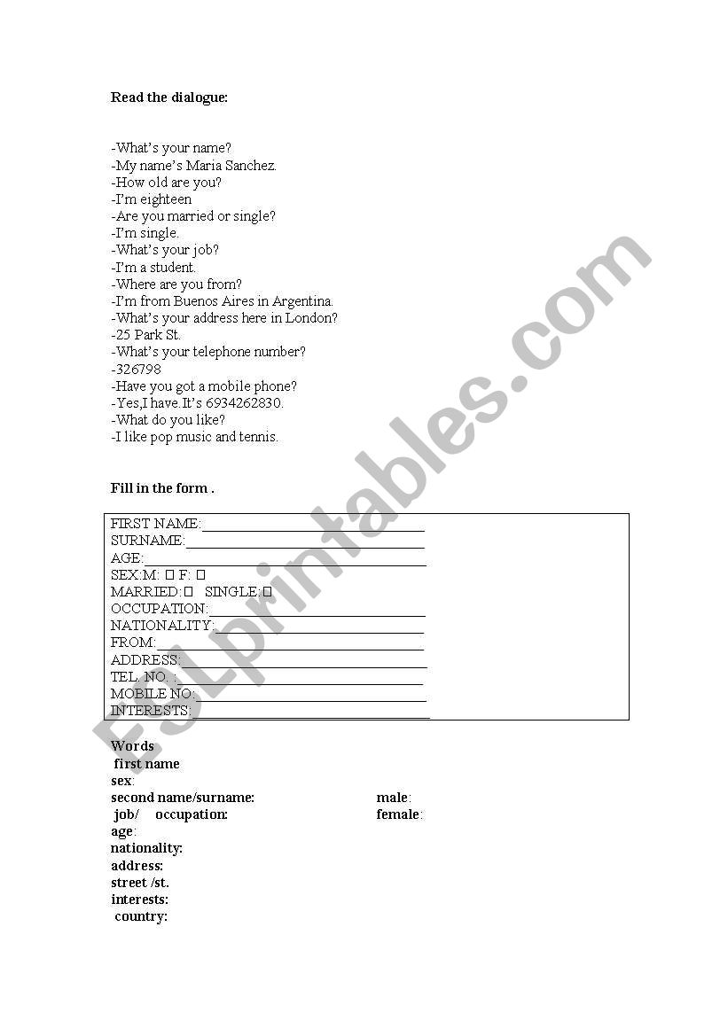 Personal information worksheet