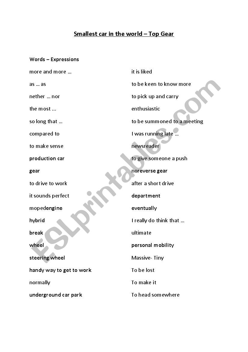 Top Gear worksheet