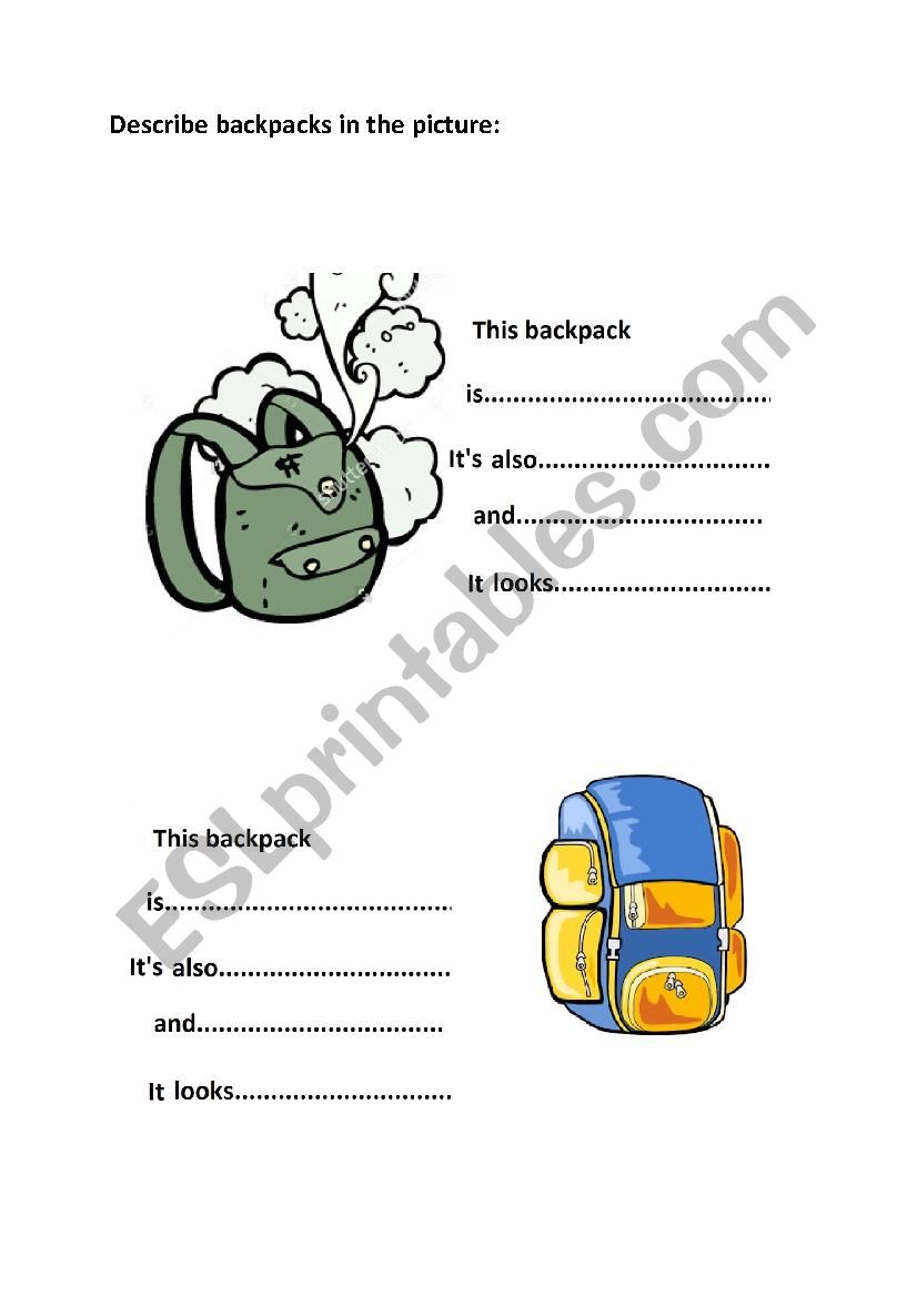 Describe backpacks worksheet