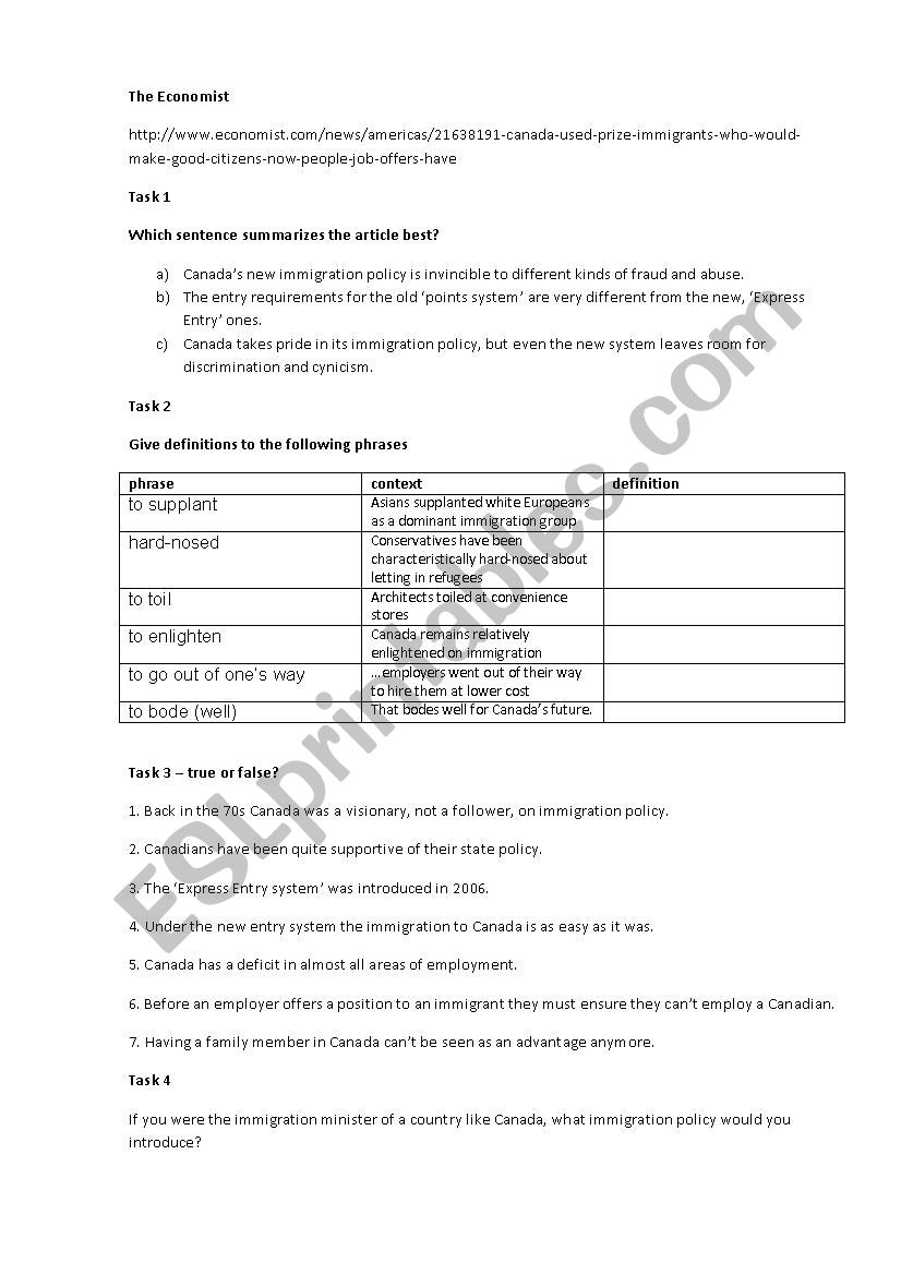 The Economist worksheet