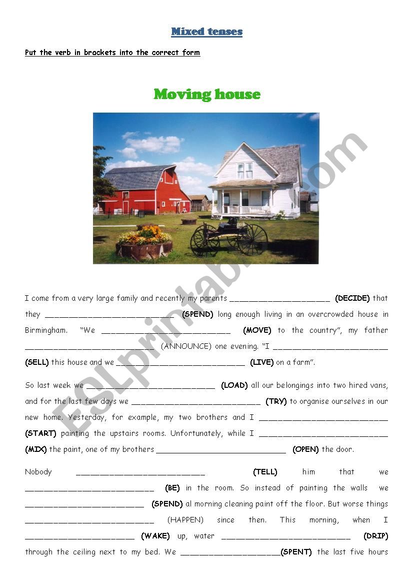 Mixed tenses: Moving house worksheet
