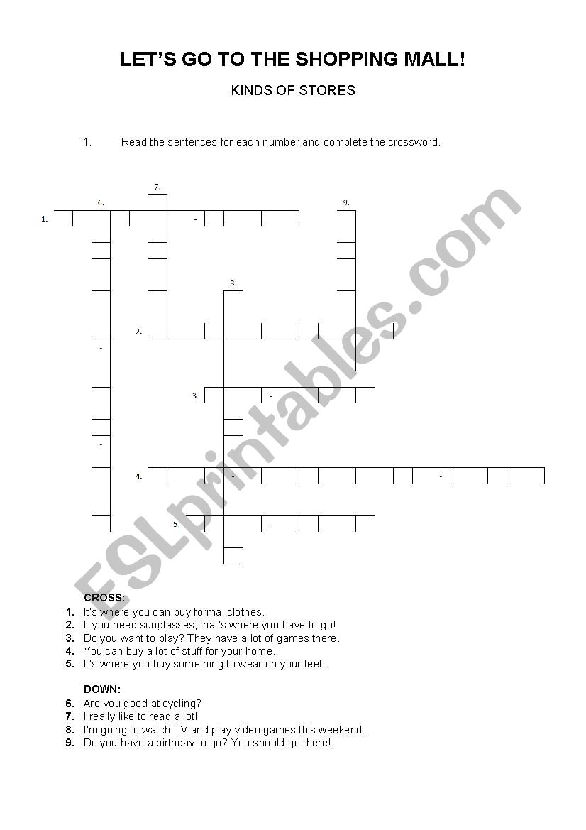 KINDS OF STORES (CROSSWORD) worksheet