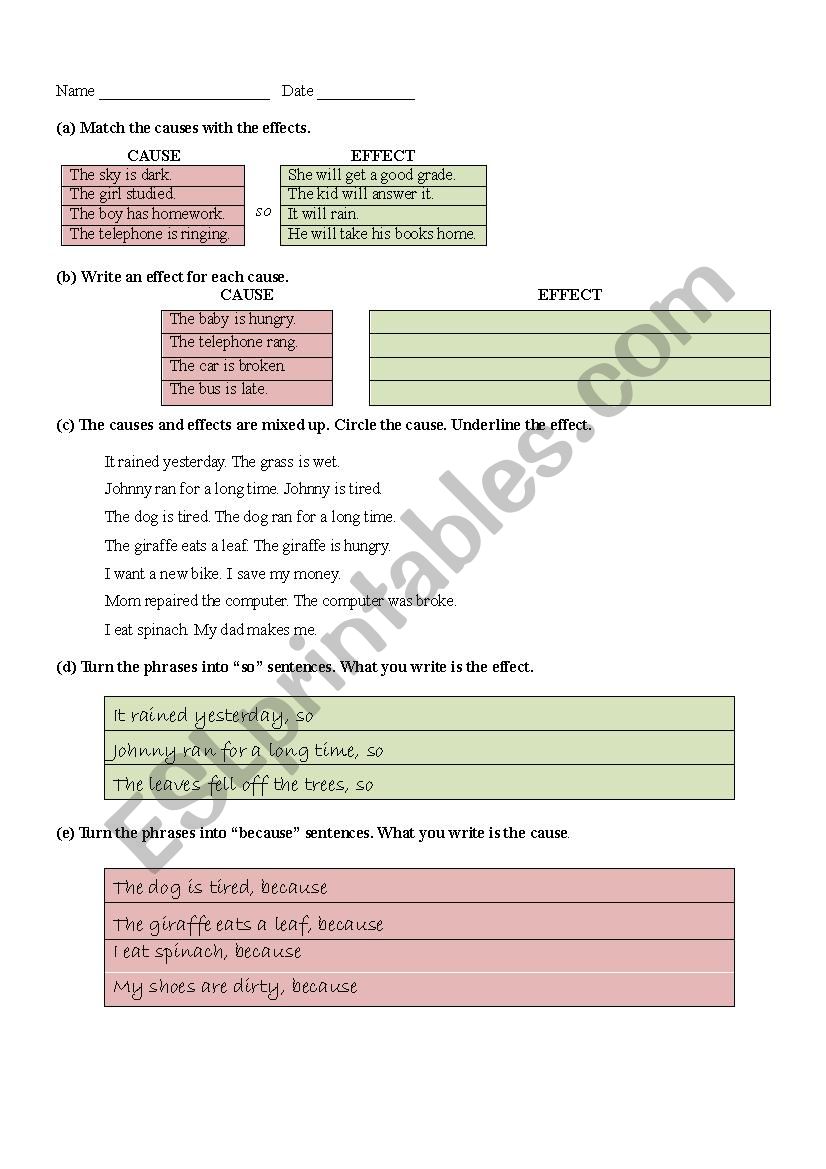 Cause and effect worksheet