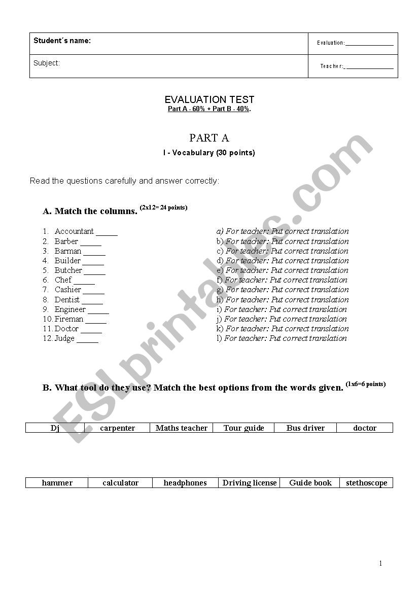 Evaluation Test on Jobs worksheet