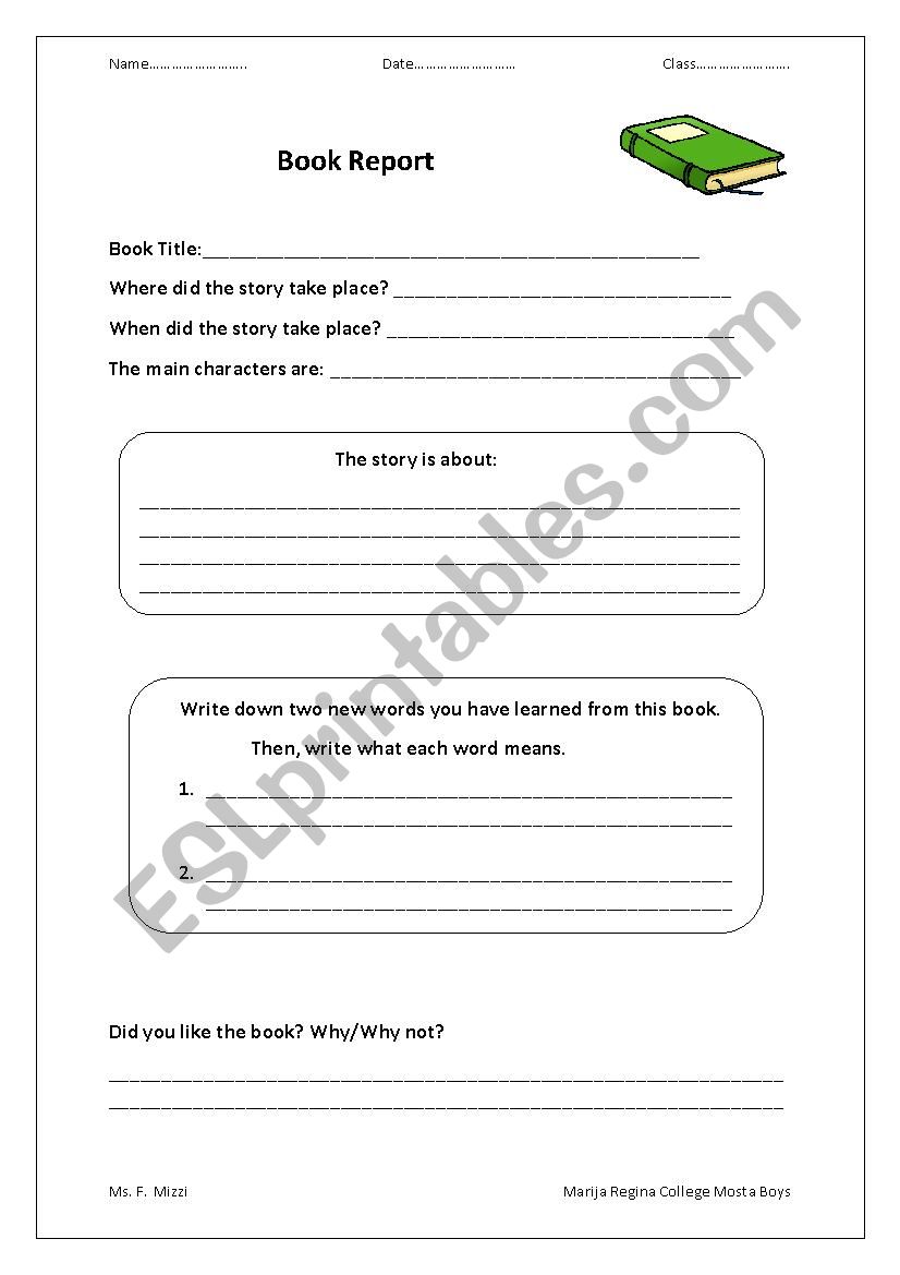 Book Report worksheet