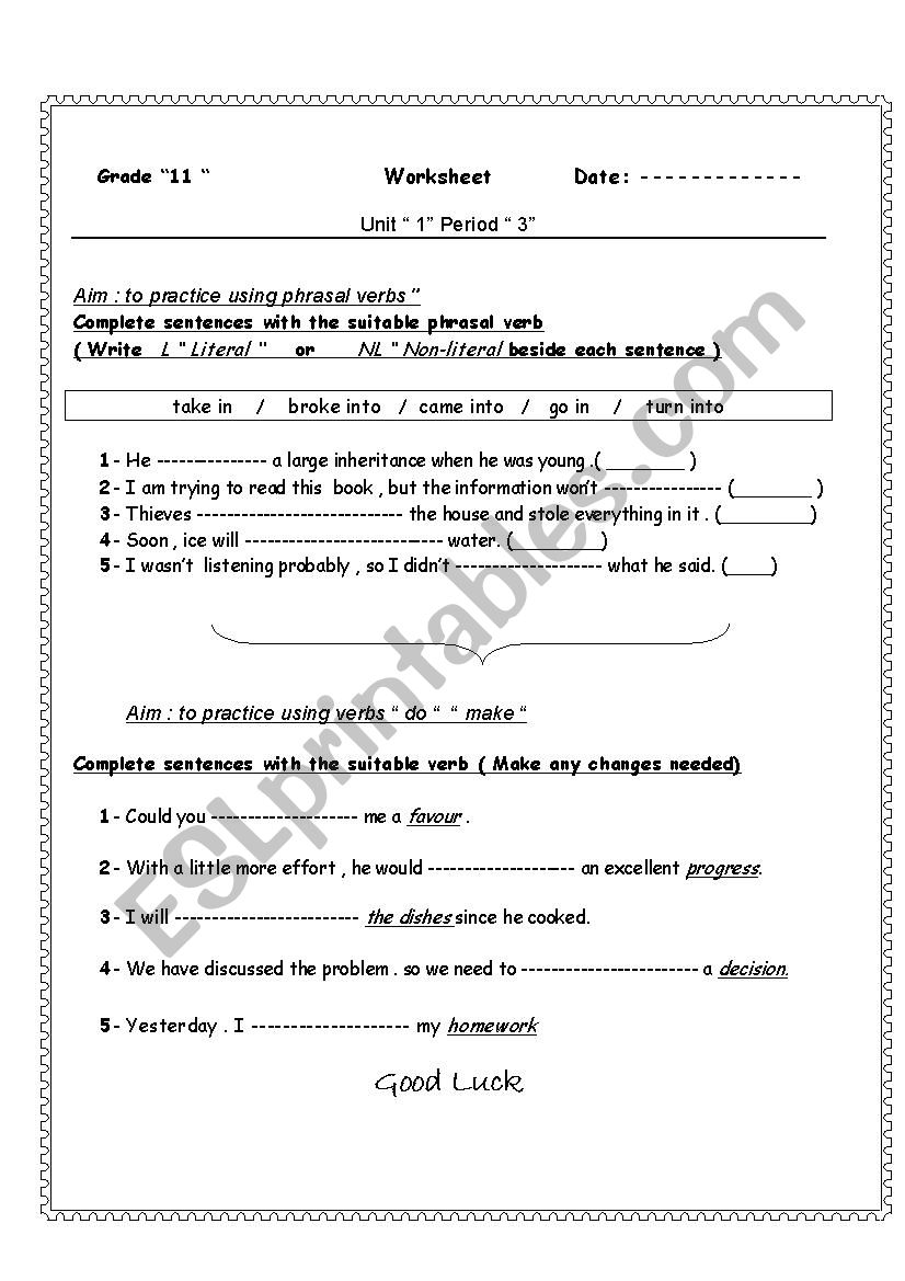 literal and non literal   worksheet