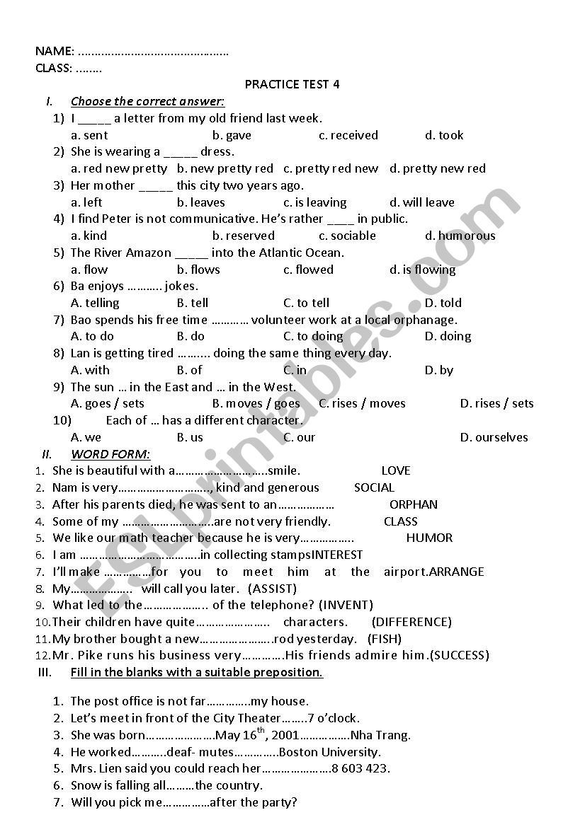 practice test worksheet